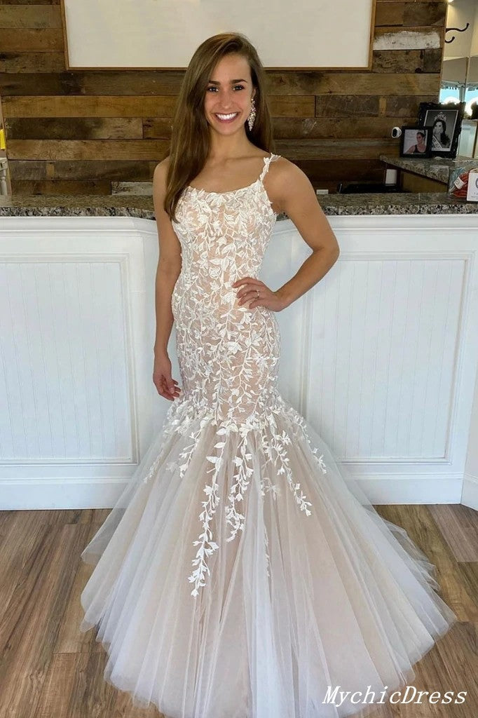 2024 Long Lace Mermaid Prom Dresses Champagne Evening Gown