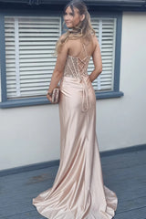 Mermaid Rose Gold Sweetheart Prom Dresses with Slit and Beading