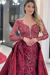 Charming Burgundy Long Sleeves Overskirt Evening Dress Mermaid With Beads