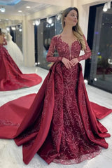 Charming Burgundy Long Sleeves Overskirt Evening Dress Mermaid With Beads