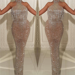 Charming High Neck Sequins Sleeveless Sheath Floor-Length Prom Dress