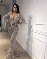 Charming Long Sleeves Mermaid Evening Dress With Sequins Beads and Tassels