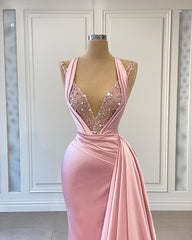 Charming Pink Halter Mermaid Prom Dress - Sleeveless V-Neck Ruffles & Sequins