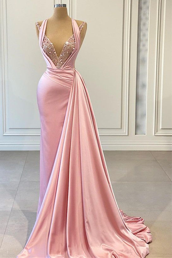 Charming Pink Halter Mermaid Prom Dress - Sleeveless V-Neck Ruffles & Sequins