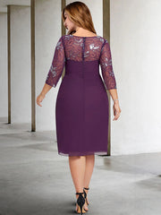 Sheath / Column Plus Size Curve Mother of the Bride Dresses Elegant Dress Formal Knee Length 3/4 Length Sleeve Jewel Neck Chiffon with Pleats Ruched