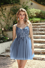 Chic A-Line Tulle Short Party Dresses with Straps V-neck Beadings Formal Dress