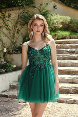 Chic A-Line Tulle Short Party Dresses with Straps V-neck Beadings Formal Dress