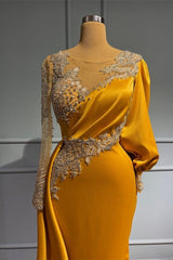 Chic Gold Sheath Long Sleeve Appliques Prom Dress