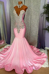 Chic High-Neck Pink Mermaid Prom Dress with Beading