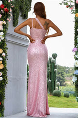 Chic Pink One Shoulder Mermaid Evening Dress Sequins Slit