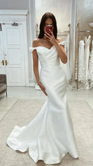 Aimishang Elegant Satin Mermaid Off-Shoulder Ruched With Train Beach Wedding Dress