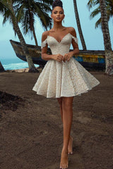 Chic Short A-line Off the shoulder Lace Wedding Dress