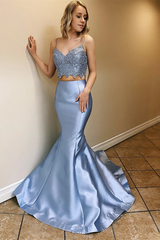 Chic Spaghetti-Straps two Pieces Evening Dress Mermaid Lace Appliques