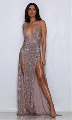 Chic V-Neck Sequins Long Prom Dress Split Evening Gowns
