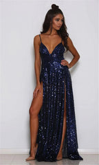 Chic V-Neck Sequins Long Prom Dress Split Evening Gowns