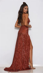 Chic V-Neck Sequins Long Prom Dress Split Evening Gowns