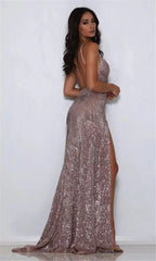 Chic V-Neck Sequins Long Prom Dress Split Evening Gowns