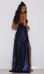 Chic V-Neck Sequins Long Prom Dress Split Evening Gowns