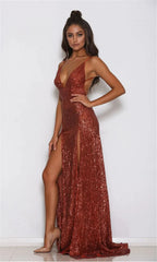 Chic V-Neck Sequins Long Prom Dress Split Evening Gowns