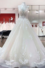 Chic V-Neck Spaghetti-Straps Wedding Dress with Lace Ruffles