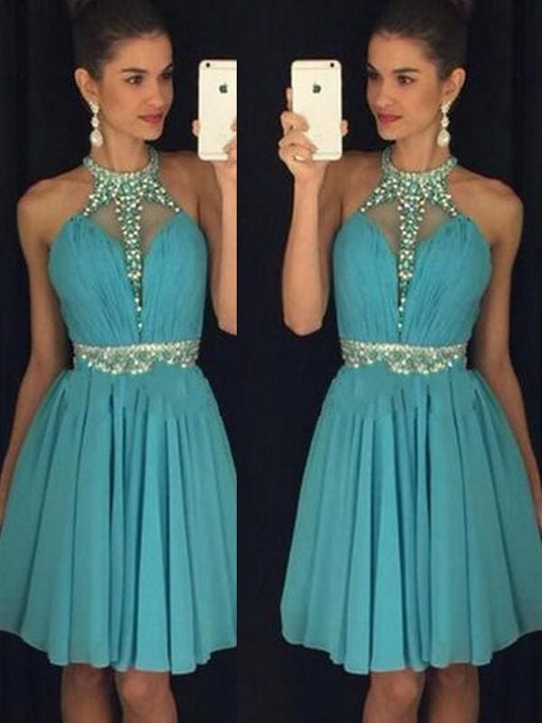 Chiffon Halter Sleeveless A-line Short/Mini With Beading Dresses
