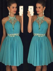 Chiffon Halter Sleeveless A-line Short/Mini With Beading Dresses