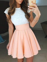 Chiffon Jewel Sleeveless A-line Short/Mini With Lace Prom Dresses