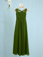 Chiffon Junior Flower Girl Dress with Sheath Column Straps and Ruched Natural Ankle Length