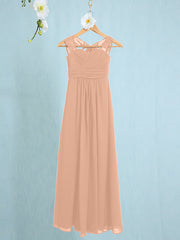 Chiffon Junior Flower Girl Dress with Sheath Column Straps and Ruched Natural Ankle Length