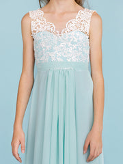 Chiffon Lace Junior Flower Girl Dress - Sheath Column V Neck Floor Length with Sash Ribbon Open Back for Wedding Party