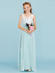 Chiffon Lace Junior Flower Girl Dress - Sheath Column V Neck Floor Length with Sash Ribbon Open Back for Wedding Party