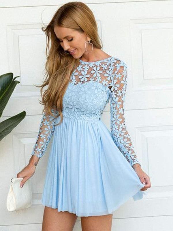 Chiffon Scoop Long A-line Sleeves Short/Mini With Lace Dresses