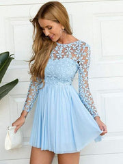 Chiffon Scoop Long A-line Sleeves Short/Mini With Lace Dresses