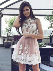 Chiffon Scoop Sleeveless A-line Short/Mini With Lace Prom Dresses