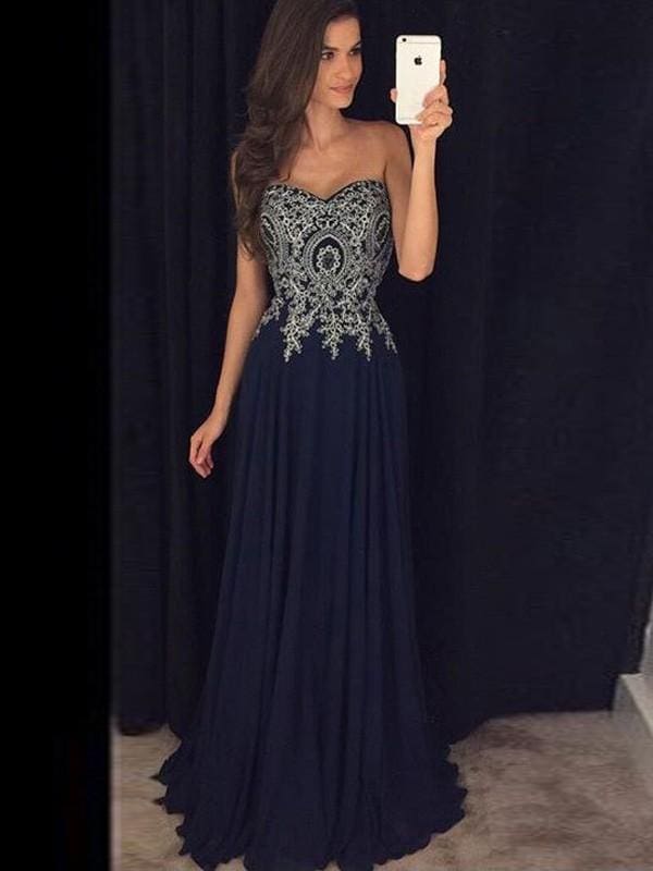 Chiffon Sweetheart Sleeveless Long Prom Dresses with Applique