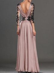 Chiffon V-Neck Long A-line Sleeves Floor-Length With Applique Dresses