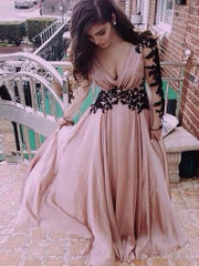 Chiffon V-Neck Long A-line Sleeves Floor-Length With Applique Dresses