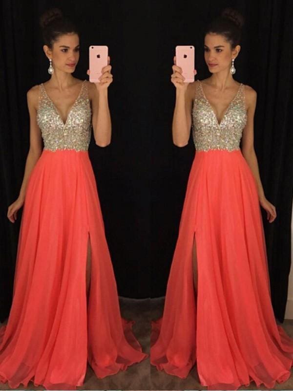 Chiffon V-Neck Sleeveless A-line Floor-Length With Beading Dresses