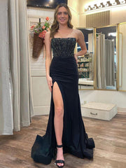 Mermaid Black Satin Strapless Slit Prom Dresses
