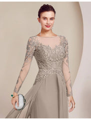 Aimishang  Sheath / Column Mother of the Bride Dress Formal Wedding Guest Elegant Scoop Neck Floor Length Chiffon Lace Long Sleeve with Beading Appliques