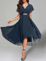 A-Line Wedding Guest Dresses Elegant Dress Cocktail Party Church Tea Length Short Sleeve V Neck Belt / Sash Chiffon with Crystals 2025