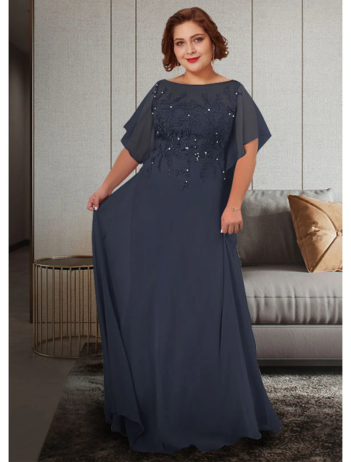 Aimishang A-Line Mother of the Bride Dress Plus Size Elegant Jewel Neck Floor Length Chiffon Lace Half Sleeve with Appliques