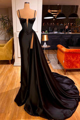 Classic Black Spaghetti Strap Sheath Side Slit Prom Dress with Beads