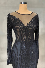 Classic Dark Navy Long Sleeves Mermaid Evening Dress Scoop With Sequins Beads