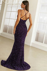 Classic Spaghetti-Straps Purple Sequins Evening Dress Mermaid Split