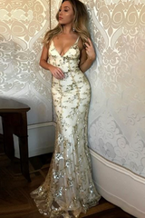 Classic V-Neck Sleeveless Mermaid Sequined Appliques Evening Dress Long
