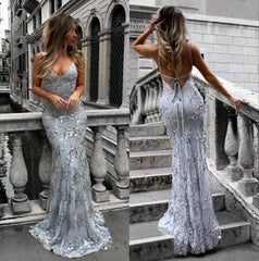 Classic V-Neck Sleeveless Mermaid Sequined Appliques Evening Dress Long