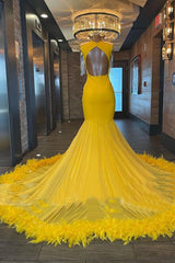 Classic Yellow Long Mermaid V-neck Backless Prom Dress with Tassels
