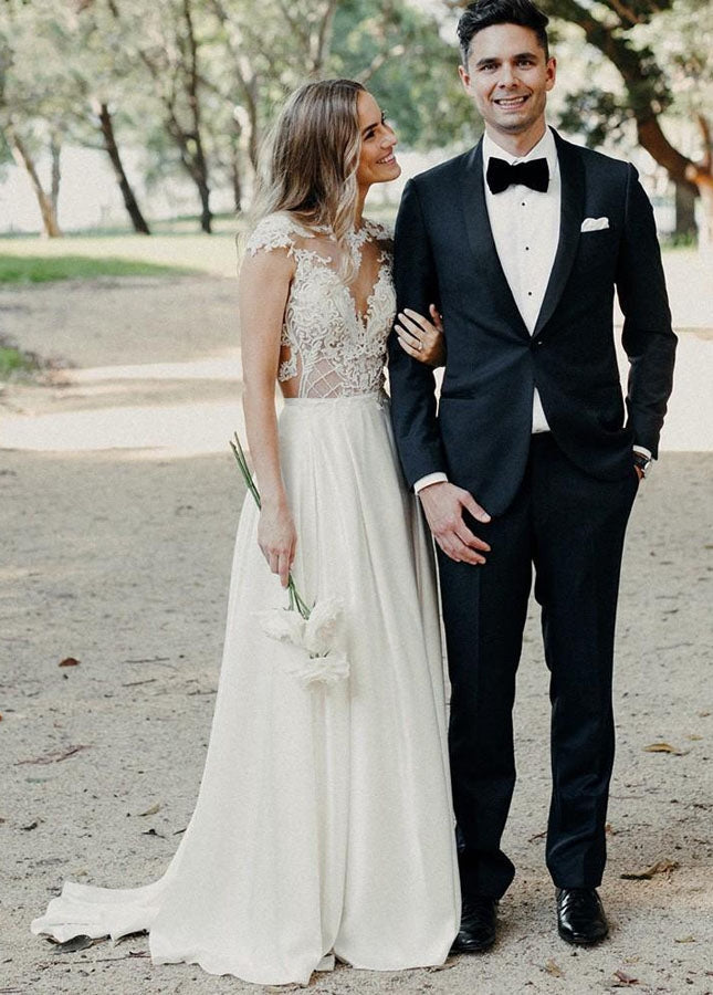 A-Line Cap Sleeve Long Backless Wedding Dresses with Appliques