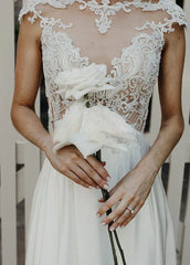 A-Line Cap Sleeve Long Backless Wedding Dresses with Appliques